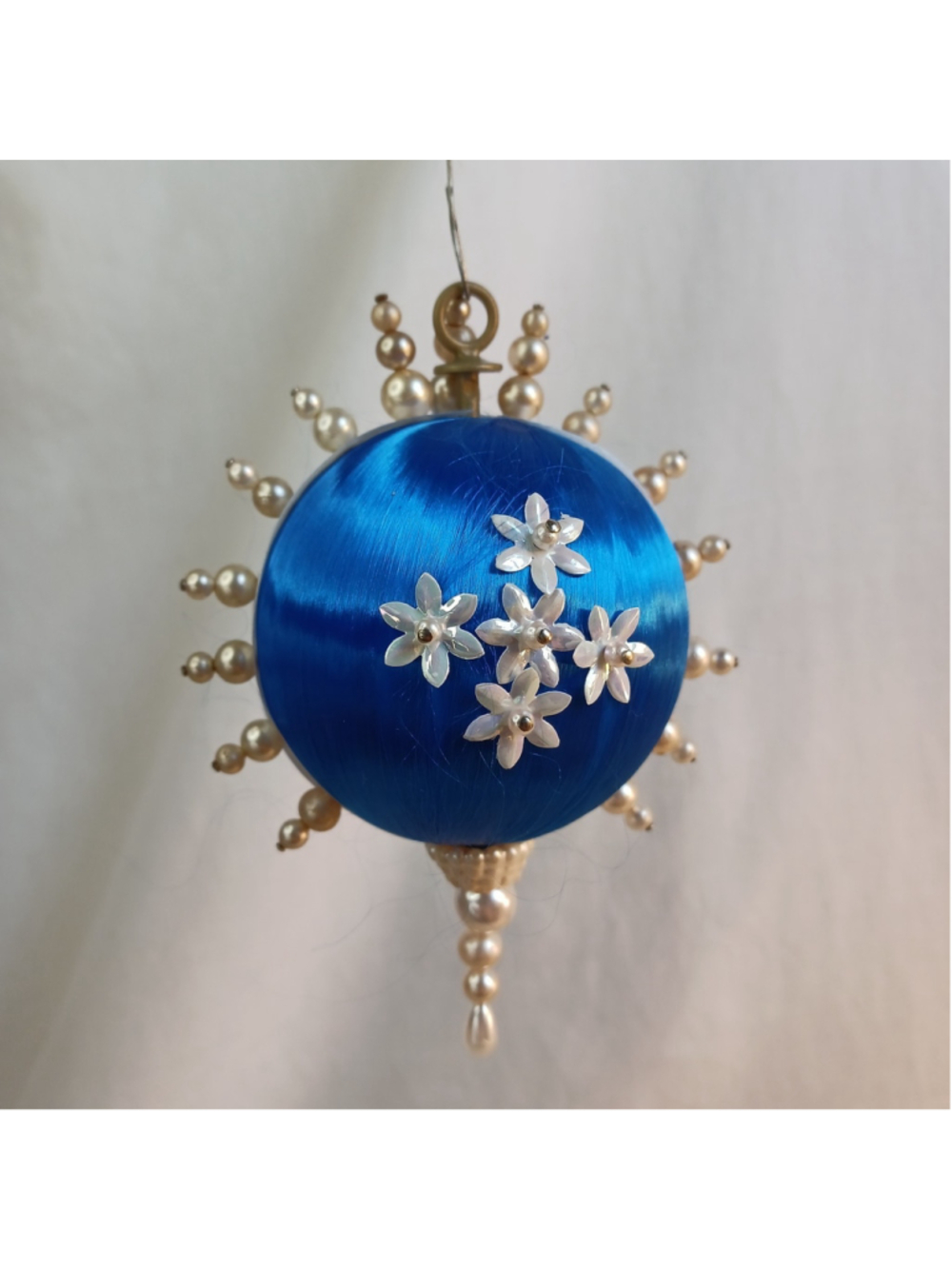 Vintage Blue White Pearl Floral Push Pin Handmade Beaded Ornament Granny Core
